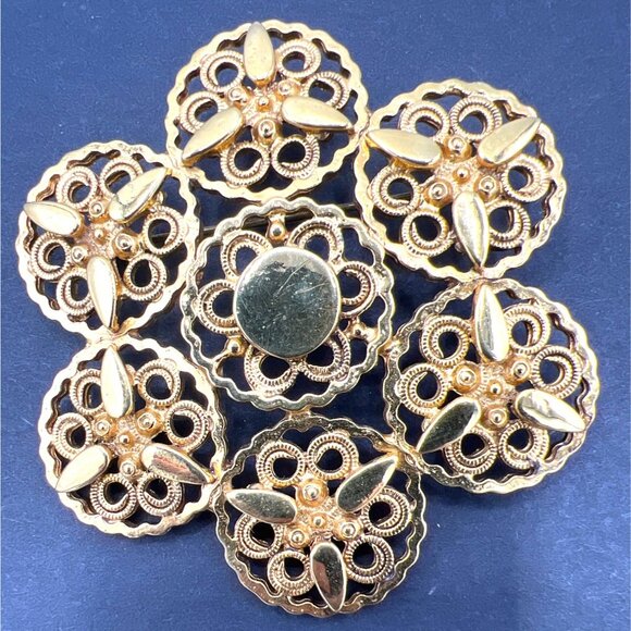 Florenza Filigree Flower Brooch Pin Intricate Design Gold-tone Vintage - Picture 8 of 8